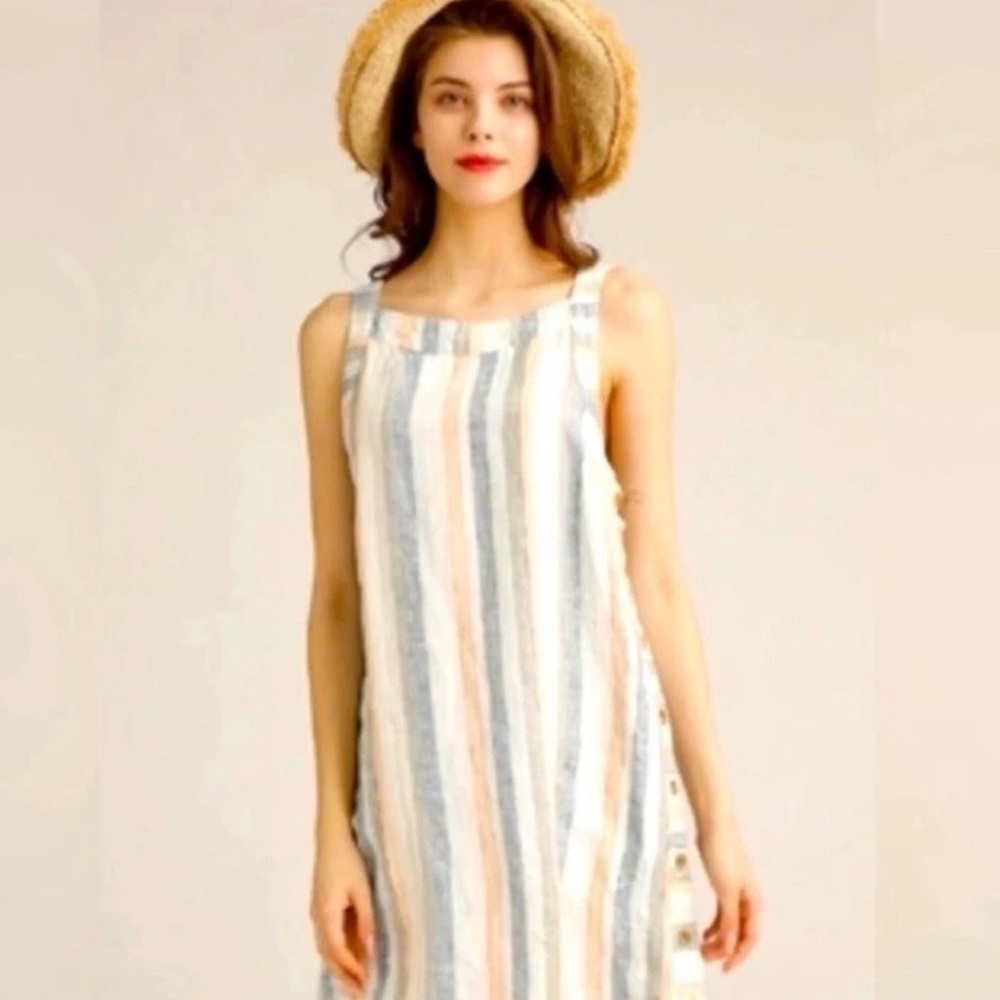 For Cynthia Striped Linen Blend Sleeveless Shift Dress Cream Blue White Sz L
